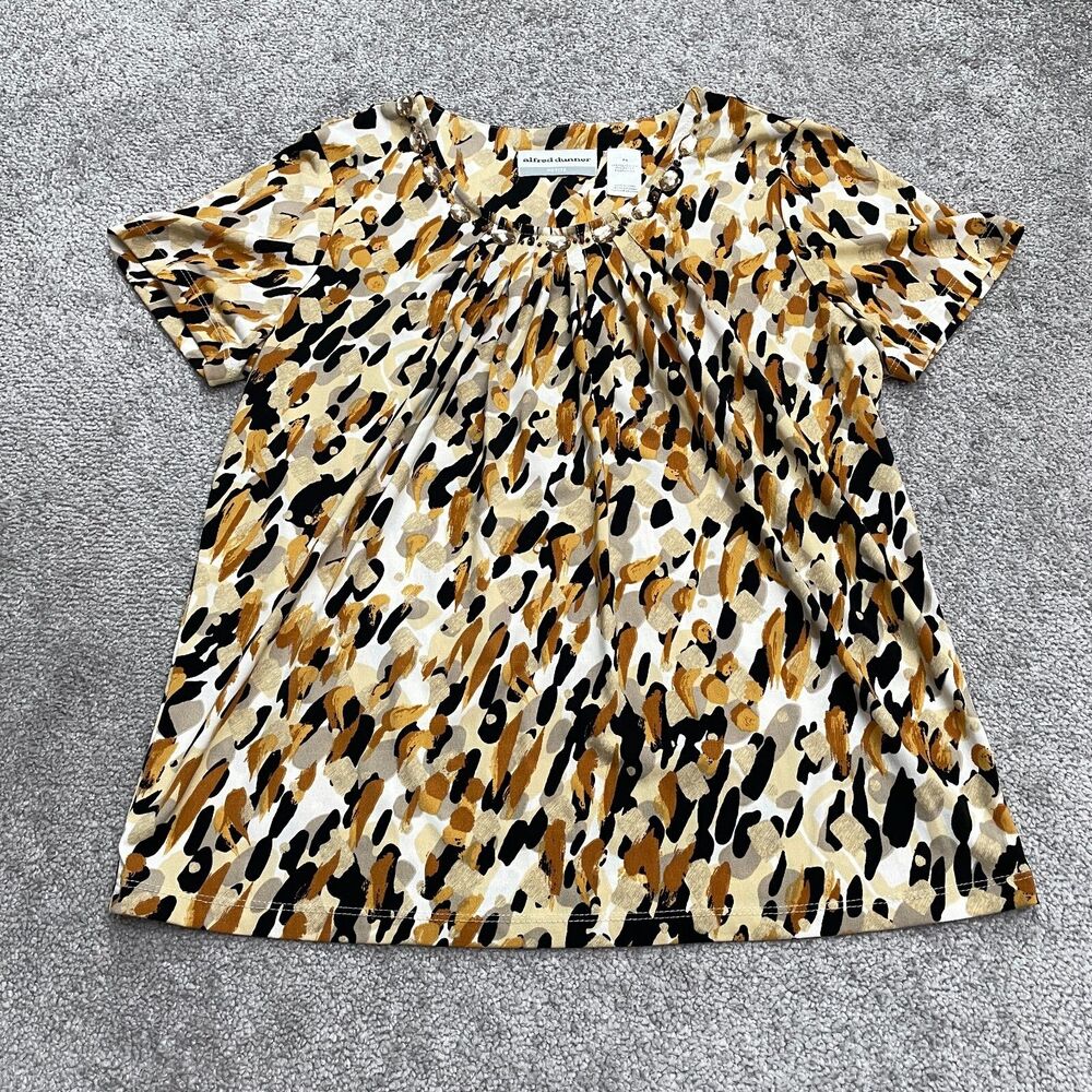 Alfred Dunner Pleated Tunic Blouse Womens PS Multi Animal Print Short Sleeve Top